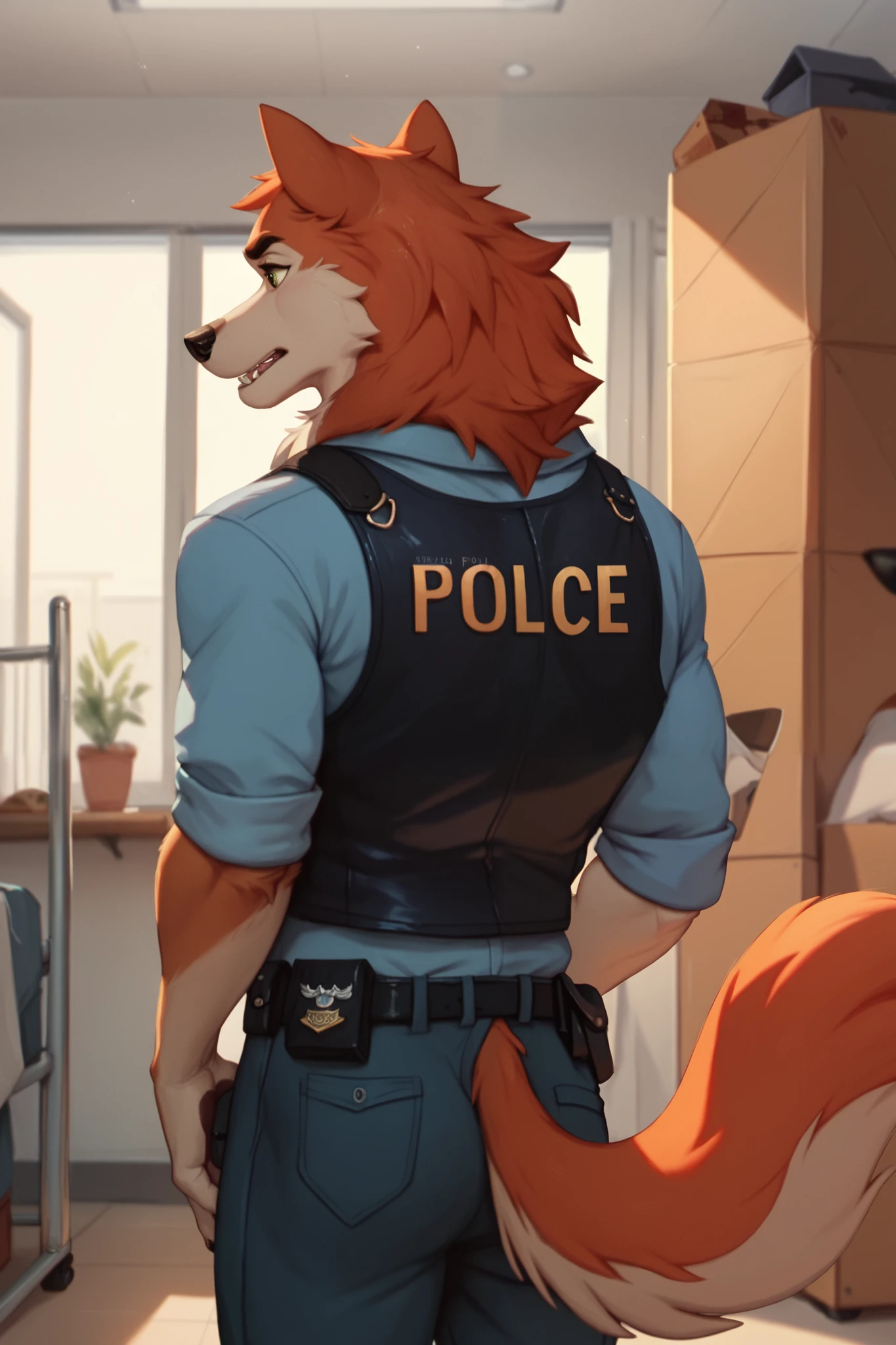 score_9, score_8_up, score_7_up, score_6_up, anthropomorphic furry wolf wearing a black police vest sniffling boxes in the airport cargo room