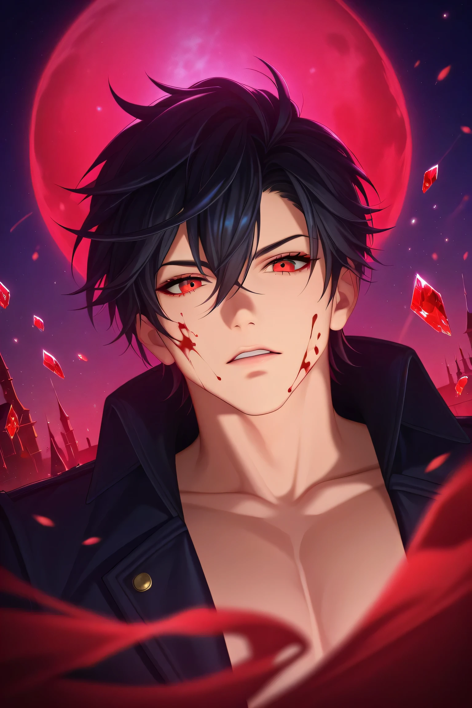 1boy,red_eyes,black_hair,,blood_on_face,demon_boy,zoom,white_background,zoom,big_zoom,close_up_of_face,, blood_face, blood, castle, black_coat, adult, black hair, , red_moon,skull,(high quality, 8k, 4K, high contrast, artwork:1.2, high quality, best aesthetics), (dynamic angle), ((1 boy)), mature body, super detailed, , beautiful eyes detailed, detailed beautiful mouth, perfect breasts, wide thighs,  (serious expression), (penetrating gaze),(detailed background, dark fantasy), (beautiful detailed face), high contrast, (best illumination, an extremely delicious and beautiful), ((cinematic light)), colorful, hyper-detailed, dramatic light, intricate details, ( sharp face,, hair between the eyes, dynamic angle), blood splash, black light swirling around the character, depth of field, black light particles, (broken glass), magic array,