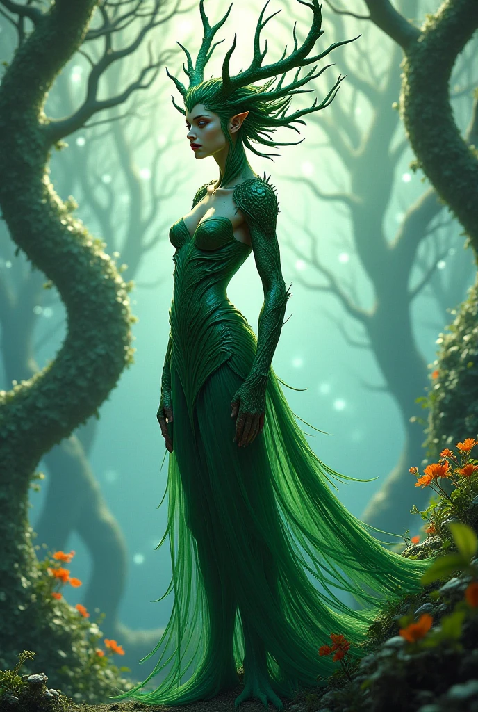 A dark, horrifying masterpiece:1.2 (best quality,4k,8k,highres,masterpiece:1.2),ultra-detailed,(realistic,photorealistic,photo-realistic:1.37),horror
A monstrous creature with terrifying features emerges from the depths of a dense forest. Its body is a twisted combination of human and beast, exuding an eerie aura. The creature's eyes glow with an unnatural light, captivating and haunting. Its bony, elongated fingers reach out towards its surroundings, while its sharp claws dig into the soil beneath. Thick vines entwine around its limbs, resembling sinewy muscles
The dryad, a mystical spirit of the forest, appears beside the creature. She embodies the essence of nature, with vibrant green hair flowing down her back and leaves sprouting from various parts of her body. Radiating ethereal beauty, she stands in stark contrast to the horrifying monstrosity beside her. Her eyes shimmer with kindness and wisdom, protecting the balance of the forest and all its inhabitants.
The forest itself is shrouded in darkness, with sparse rays of moonlight piercing through the dense canopy. Ancient trees reach towards the sky, their gnarled branches creating an intricate interplay of light and shadow. The forest floor is covered in fallen leaves and moss, softening each step with a gentle carpet. In the distance, a misty orchard emerges, complete with twisted apple trees and the promise of forbidden fruit.
The color palette of the scene is dominated by deep, earthy tones. Rich greens, browns, and blacks create a mysterious and foreboding atmosphere. Occasional hints of vibrant hues peek through, emphasizing the magical elements within the scene. The lighting is subdued but strategically placed, casting elongated shadows and highlighting select details.
Overall, the prompt paints a dark and horrifying scene set within a forest. The monstrous creature and the enchanting dryad embody the contrasting forces of fear and beauty, while the forest itself holds untold secrets and the promise of danger.