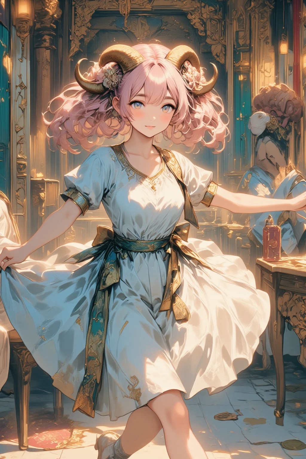 (( best quality )), ((masterpiece)), ( Details),  1girl , Her hair is pink and fluffy:1.2, Sheep's round horns:1.1, Thick eyebrows:1.2, Sally:1.3, Dancing Indian dance, Indian palace scenery:1.3