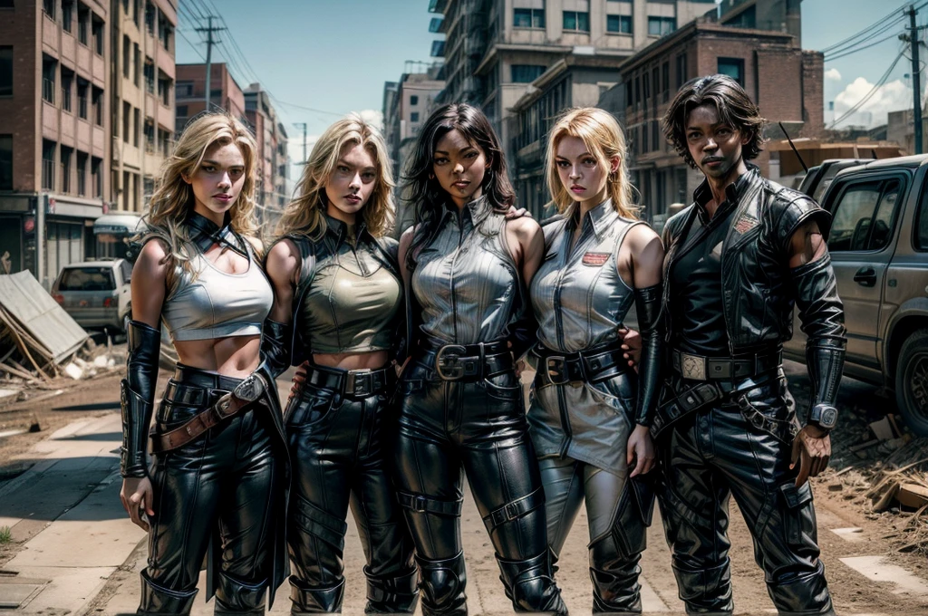 Une femme noire avec des long cheveux afro portant une tenue en cuir noir avec des bottes en cuir, Fighting a zombie army in a deserted city.