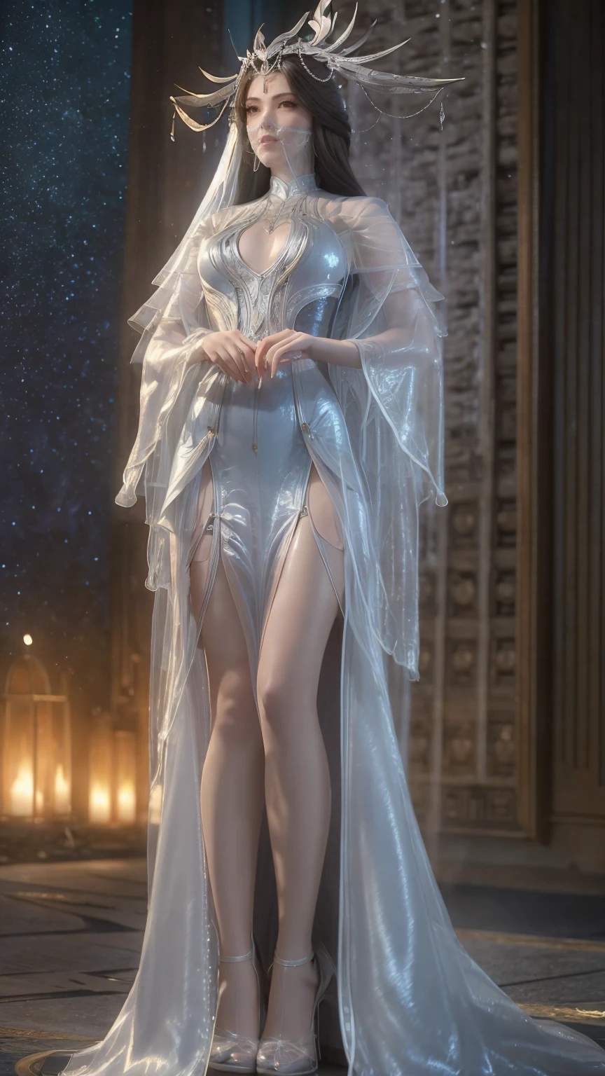 A highly detailed image of a beautiful elven woman with long silver hair, approximately 25 years old, with gray eyes. She has small silver earrings on her earlobes and is wearing a camel-colored robe over a black tank top. She has a glamorous body type and is wearing knee-high boots. A silver choker adorns her neck. The background is a desert setting with a futuristic robot standing behind her. The scene features high-resolution details, a sci-fi atmosphere, and cinematic lighting effects.