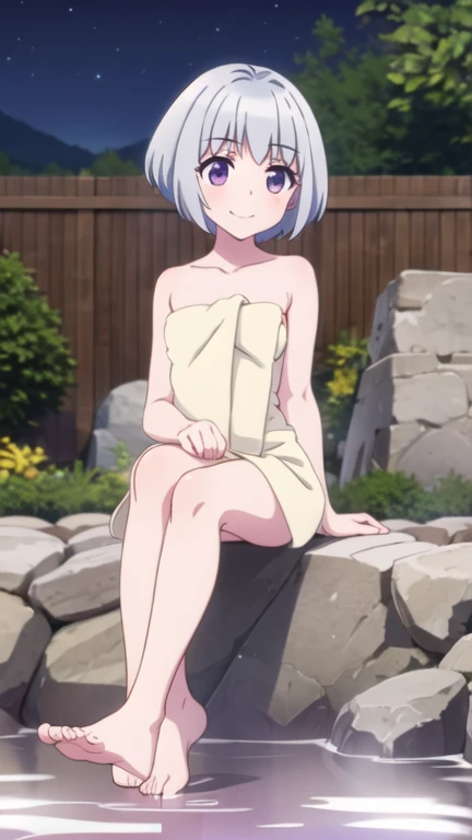 (((masterpiece))), (((best quality))), ((ultra-detailed)), (beautiful detailed eyes), , kiryuu shino, (1girl), (single), bare shoulders, blush, clavicle , hand on chest, looking at viewer, naked towel, white hair, short hair, purple eyes, alone, towel, onsen, close-up, sitting, hot spring, embarrassed, seductive, small breasts, medium waist, medium hips, thighs wide