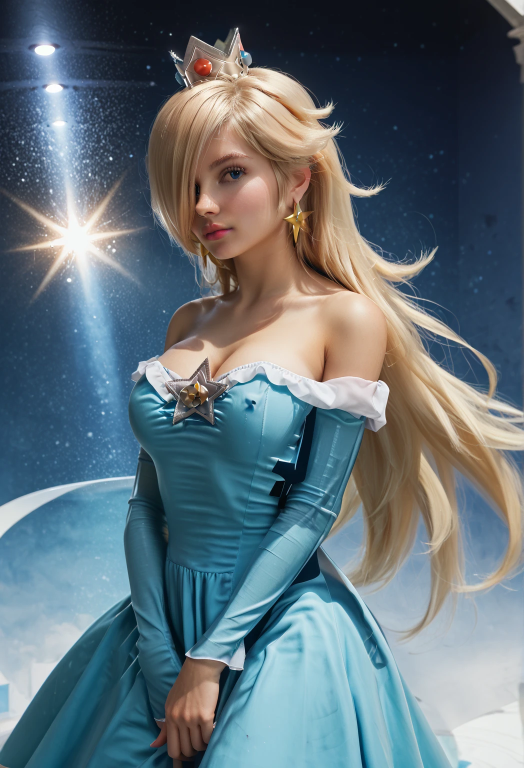 score_9, score_8_up, score_7_up, source _animé, rosalina, blonde hair, blue eyes, hair over one eye, long hair, 3D, blue dress, crown, dress, earrings, jewelry, princess, , star earrings, , music store, browsing records, de 19, vinyl collection, nostalgic, , looking at viewer, hand reaching forward, knee up, arm down, solo ,, cowboy shot, Dutch angle