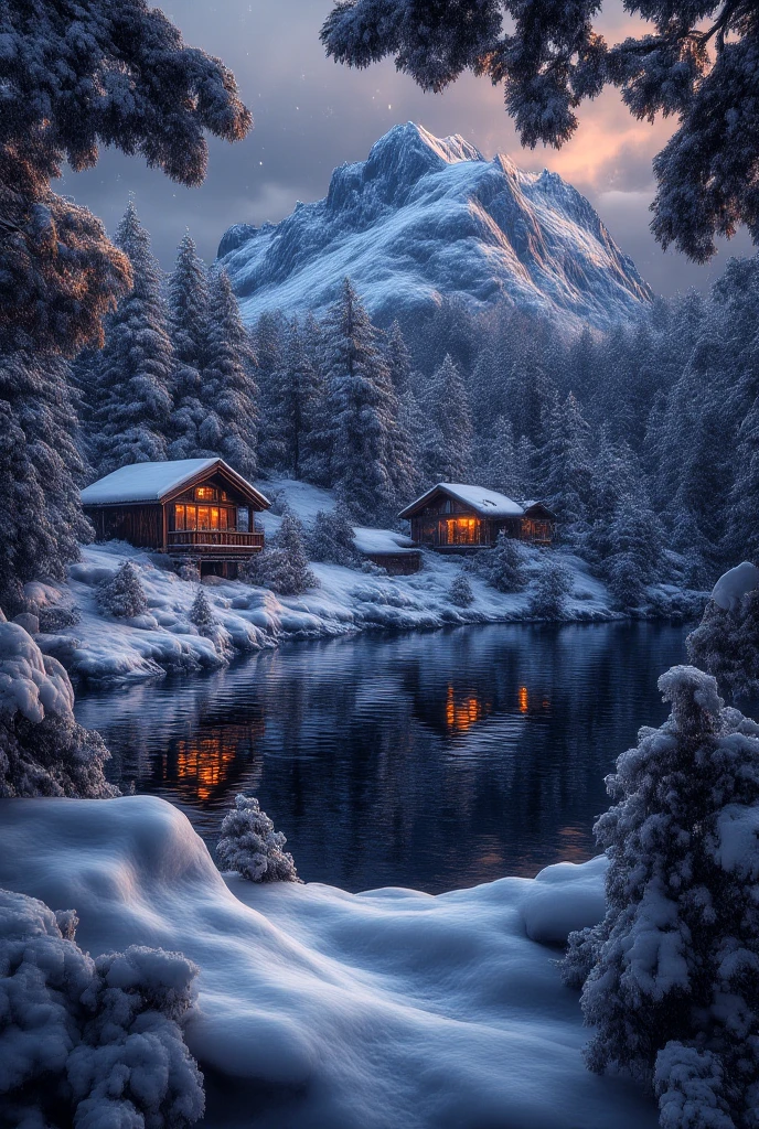 An extremely detailed photograph of a mountain lake in winter,surrounded by pine trees and various houses, snowing, daytime, beautiful, mystical 