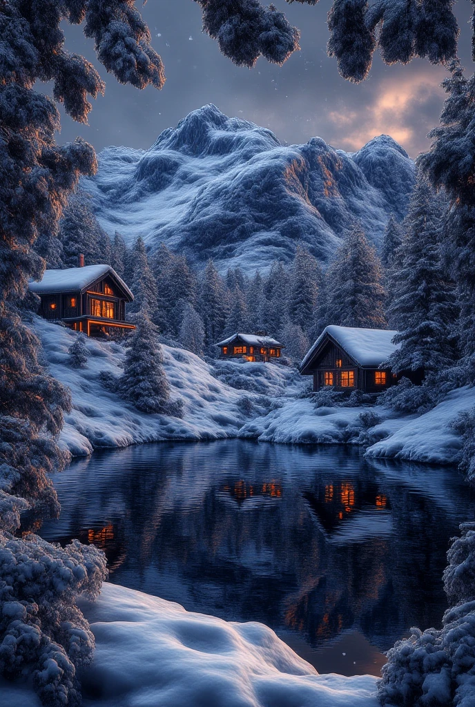 An extremely detailed photograph of a mountain lake in winter,surrounded by pine trees and various houses, snowing, daytime, beautiful, mystical 