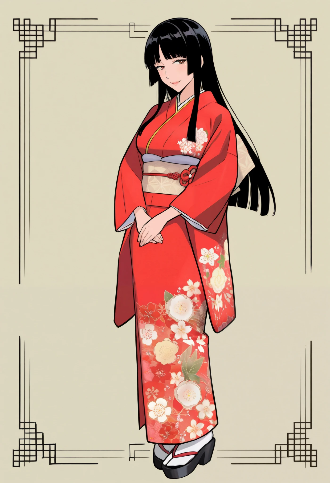 a mature woman with long black hair blunt bangs hime-cut brown eyes wearing a red kimono dress with flower patterns _score_9_up, score_8_up, masterpiece, best quality
