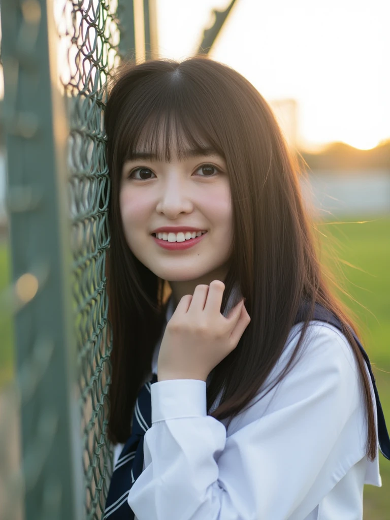 A soft-focus photograph of a young woman named aya_ogawa with long, straight black hair with bangs and fair skin. She wore light makeup, with light red lips. She has a slender build and is wearing a white school uniform with a navy blue striped tie. She looked at the camera with a slight smile on her face. She is surrounded by an iron fence, which separates her from the outside world. She is holding a green chain-link fence with her right hand. The background is blurred, suggesting an outdoor setting with greenery. The image has a dreamy, ethereal quality with a shallow depth of field. Time seems to be dusk, the wind is strong, aya_ogawa's hair flutters in the wind, her hair disheveled. The upper right corner is the sunset sun, backlit.