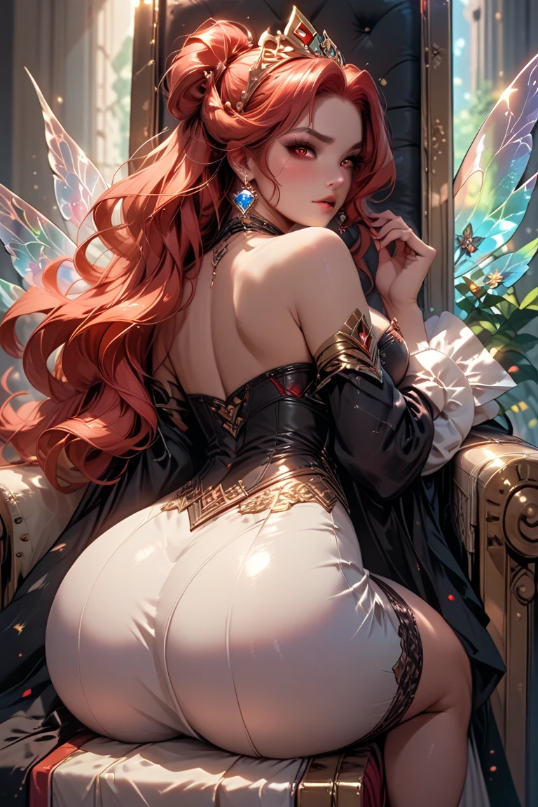 (Masterpiece - Ultra-Detailed, High Resolution) Moonlit night, sexy elf young belly dancer, very big breasts, white liingerie, sexy see-through underwear with lace, Beautuful Women, happy face, red hair, green eyes, lying on the bed,lying on your back looking naughty, looking back, 1 girl