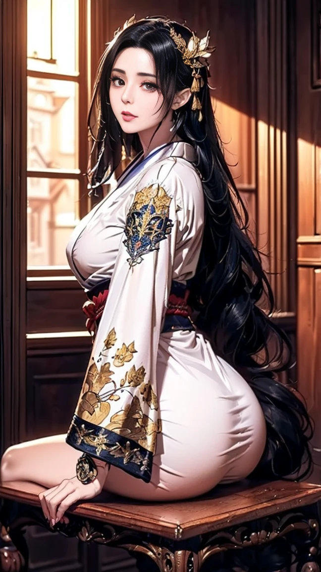 (8K,Photoreal born写真 highest quality;1.4) 1 mature female,Super beautiful(lifelike face) ,(long black hair),Gorgeous Japanese women's traditional costumes,seduce the viewer,beautiful expression,moist black eyes,purple and red makeup,(Queen),Charm,normal chest,Super high resolution,surreal,high details,rich colors, Backlight, cinematic lighting, film grain, born, 50mm lens, Nikon D850,smile,Super realistic,highest qualityのフォトリアリスティックなRAW写真。Bright colors,perfect woman image,fantasy art,character art,background,A room in a big mansion,