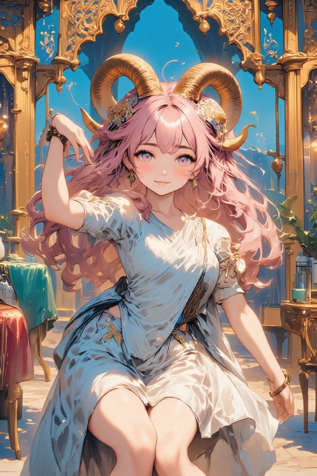 (( best quality )), ((masterpiece)), ( Details),  1girl , Her hair is pink and fluffy:1.2, Sheep's round horns:1.1, Thick eyebrows:1.2, Sally:1.3, Dancing Indian dance, Indian palace scenery:1.3