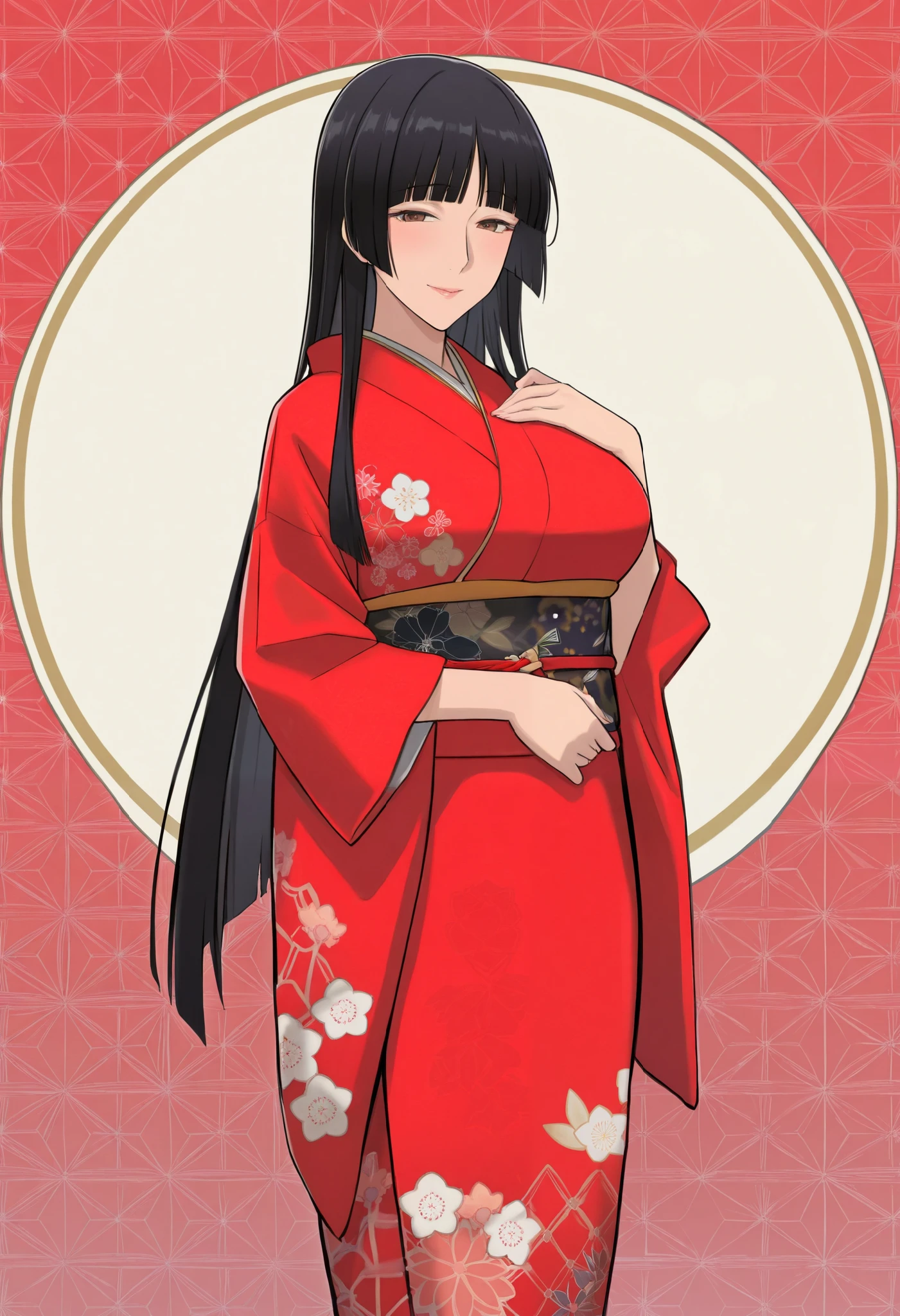 a mature woman with long black hair blunt bangs hime-cut brown eyes wearing a red kimono dress with flower patterns _score_9_up, score_8_up, masterpiece, best quality
