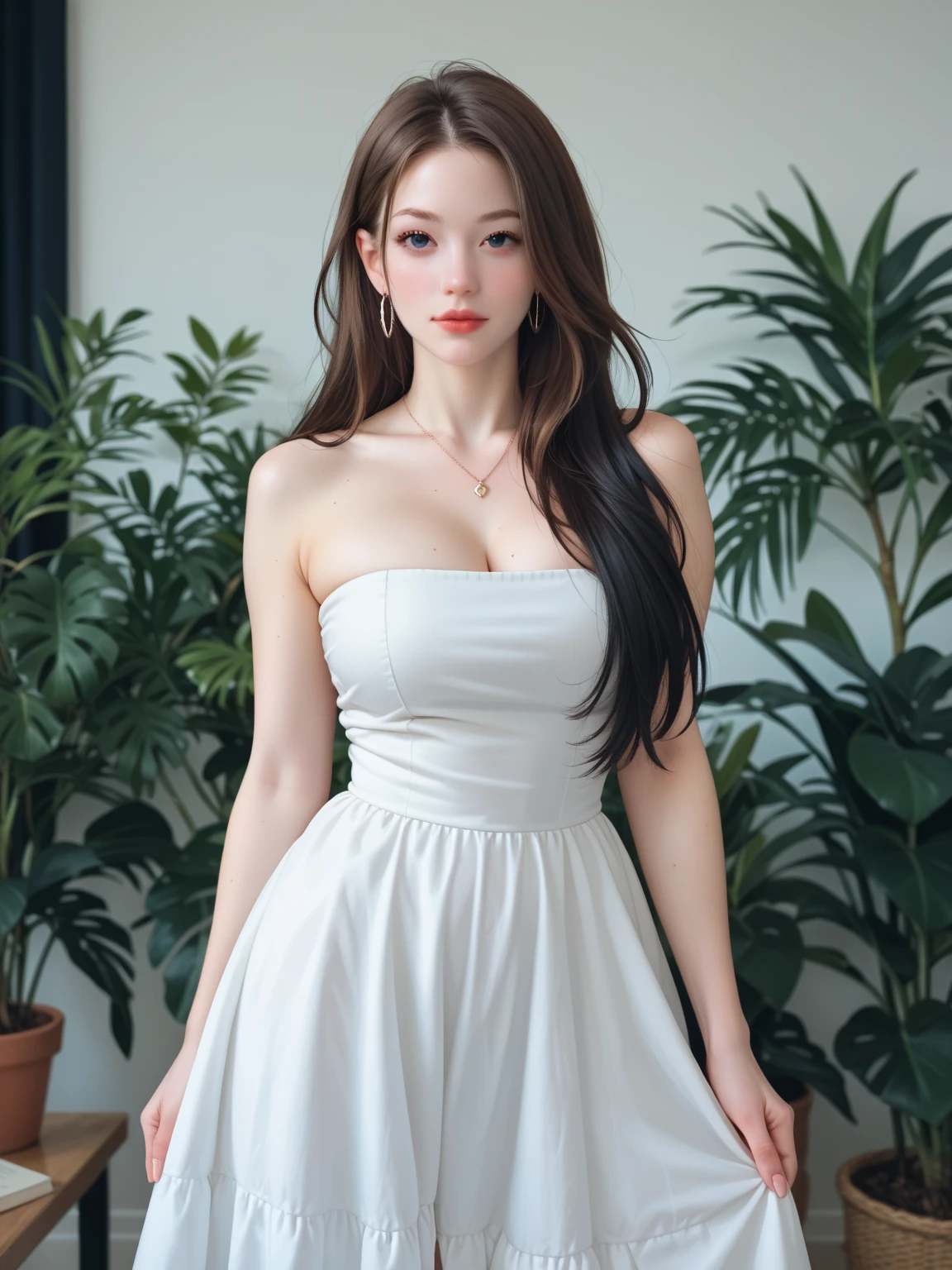 A beautiful woman with large breasts, a white strapless dress and a short skirt, standing with her arms crossed, a mesmerizing face.