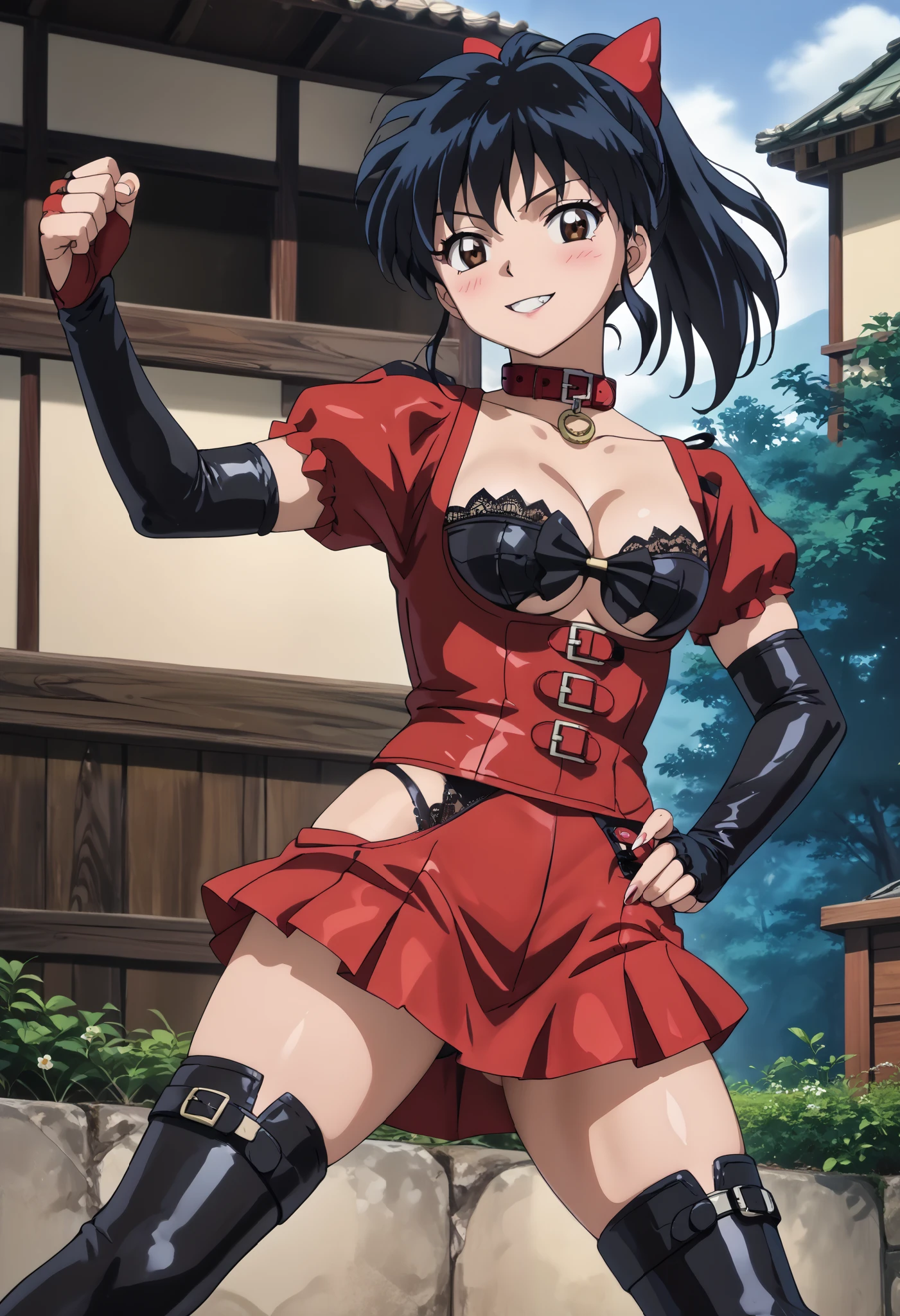 Yankee sitting、((( wide thigh opening with one legでしゃがむ)))、((( open legs in a M shape and crouch )))、BDSM、Queen、mistress、(((One girl)))、(((solo:1.8)))、(((Black latex elbow gloves:1.4 )))、((( Black Latex Bustier :1.4)))、((( bustier are adorned with beautiful lace)))、(((Bustier with shoulder straps)))、((( Black Latex Tight Mini Skirt :1.4)))、((( black latex high leg panties :1.4)))、((( Black Thigh-High Boots)))、(((Black rubber tights:1.2)))、((( stiletto heel boots that kick a man:1.4)))、(((Black latex bra)))、(((Red leather collar)))、((( sexy pose:1.4 )))、 wide thigh opening with one leg:1.2、((( EROTIC)))、((( cowboy shots)))、 close-up、((( putting his hands on his lower back )))、 beautiful eyes with highlights、Beautiful, smooth skin、Two perfect anatomical arms、 Anatomically Perfect 2 Legs 、(Four perfect fingers and one thumb)、 source_Anime,Anime screencap, Anime coloring, intricate detail ,rating_safe, Masterpiece, best quality ,
's greatest masterpiece、 Masterpiece、 HD、High resolution 8k、 detailed face 、 detailed eyes、
Alone、Outdoors、 in the woods、grassland、Green tree々、 is standing、Front View、 hands on hip、
Moroha、 brown eyes、 black hair、 ponytail、Sharp claws、Fang-like crooked teeth、
stare at viewers、 wicked smile that scratches my butt、 smirking 、smirk:1.2、blush:1.2