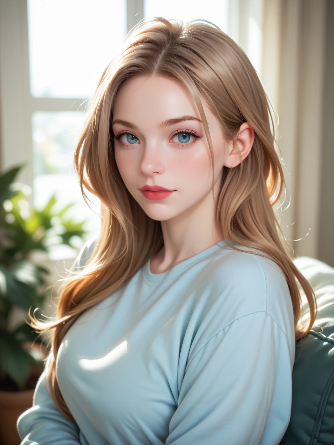 pov_interaction, r3natavall, off_shoulder_t-shirt, (high_detail intricate realistic), face_focus blue_eyes, livingroom,
