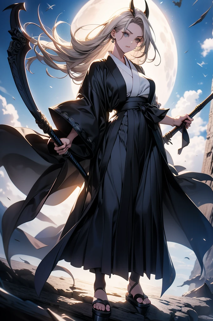 watercolor,pixiv,Han Manfeng,Castlevania style,Gothic ,Hades style,in the style of Atey Ghailan, 90s comic book covers, 2D game illustration style, Full body portrait, Anime Aesthetics.(Nine-tailed Fox,Fox Girl,Royal sister,With silver blonde hair, Long hair and big eyes,The coccyx has nine fox tails and long legs wearing high heels,Sexy,Big breasts,Ethereal,Charming black gloves)Close shot,Mid-shot,Anime art style, Moonlight Background, Dark Fantasy,Ultra-clear,Exquisite details