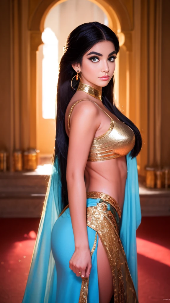   Masterpiece  ,   top quality , Photographically,   super detailed ,    Details,   is in high definition , 8k wallpaper,  Jasmine, the heroine of Aladdin who was brainwashed, Hair Is Black High Ponytail Arrangement ,Red Eyes, Exposing Sheer Light Blue Tight Dress, ahe face, sexy poses,Delicate hair,Gold Handcuffs ,Inside an Arab Palace ,big red snake on background, beautiful abs,Big Breasts,Red Gemstone Barrette ,