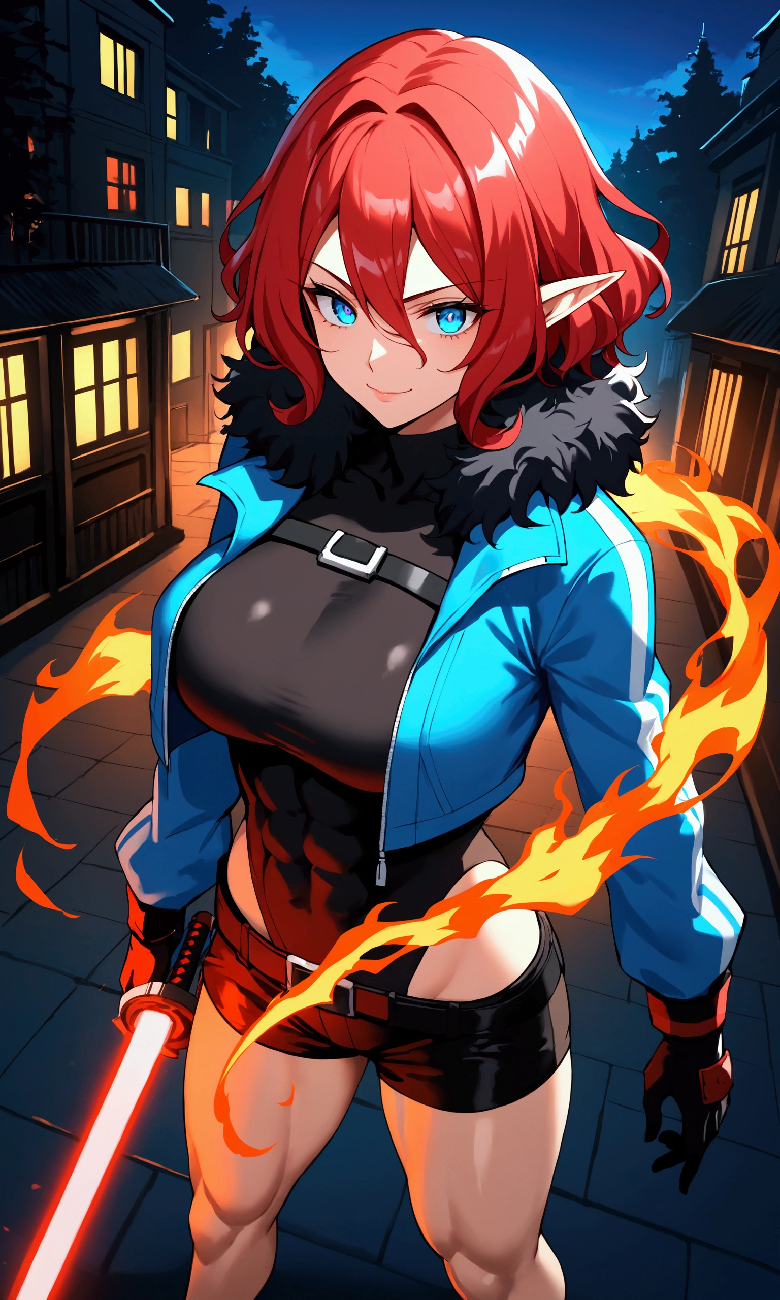 Short hair, eyebrows visible through hair, simple background, long sleeves, hair between eyes, blue eyes, silver hair, 1girl, solo, serious expression, crimson flames left side, blue flames right side. Fluid flames. Vibrant colours. Mature girl, Red and Blue colours, clear blue sky. Forest. (masterpiece, perfect anatomy, perfect hands)++, best quality, highres, ultra-detailed, illustration, from above, outdoors, 1 girl, (dark skin), elf ears, red hair, wavy hair, blue eyes, curvy, sci-fi, neon jacket, thighhigh, citystreets. neon, nighttime,(toned body, tight clothes), (Broad shoulders,thick muscular body)+, holding sword, holding laser sword, gloves, jacket, belts, shorts, dramatic shadows, fur collar, long hair, dark, crazy eyes, multicolored hair++, evil smile, complex background, Perfect female body, hair between eyes, bangs, eyebrows visible through hair, hair ornament,