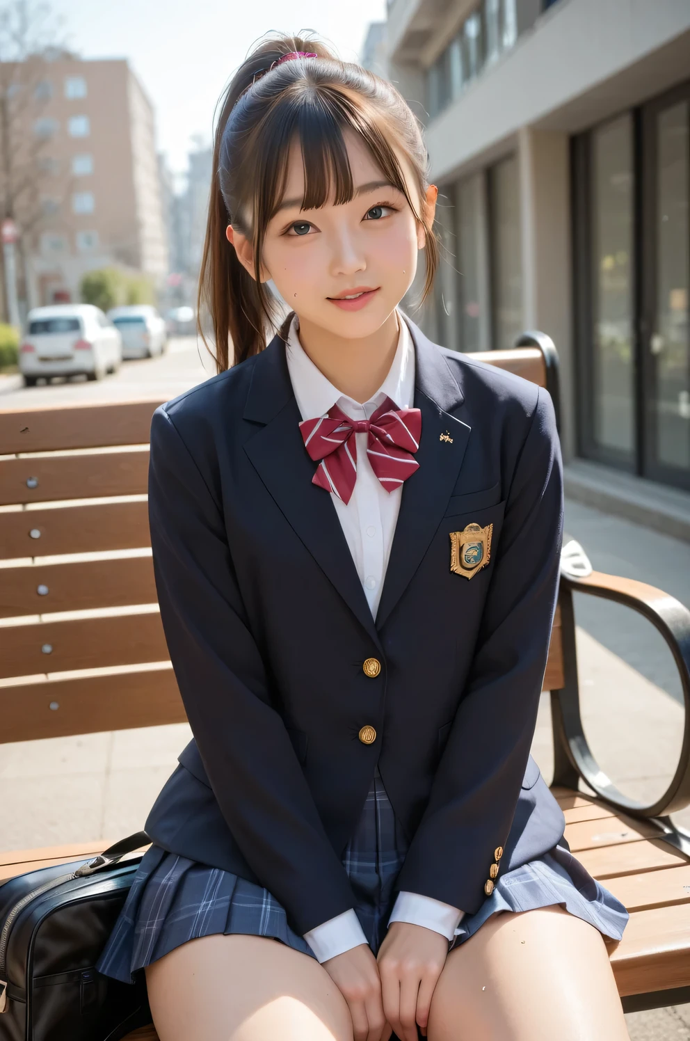 (score_9:1.5), score_8, Tag1, tag2, hyper high resolution, 4K, solo, young high school girl, detailed eyes, detailed cute face, puffy cheek, side facing, look for another side, ponytail hair, sweat,  black blazer, white blouse, a red ribbon, pleated skirt, black sox, loafers, brown hair, middle breast, sitting on benches in cold winter park,  (wide hip:1.4), detailed glossy (soft thick thigh:1.3), focused on skirt, steaming vivid pink thin strings micro panties (slightly:0.7) visible, wet cameltoe in sharp focus, hands on skirt, (from front:1.2), school bag on seat,  gigantic green dildo inside bag,  half eyes, perfect lighting, perfect bright, 