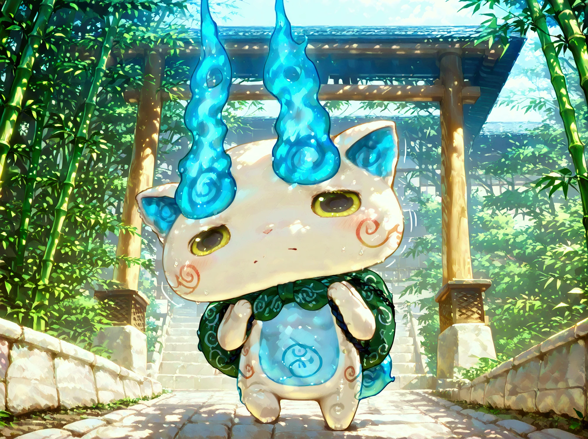 (komasan, abbreviated karakusa, furoshiki around neck, yellow eyes, blue fire), (masterpiece), best quality, newest, highres, absurdres, ultra detail, extremely detailed, official art, rich colors, sharp contrast, detailed shading, komasan is in a stone pathway ready to rise, blue anime flame, bamboo, tori, kyoto temple, (expresive pose, dramatic angle, motion lines), (detailed background)