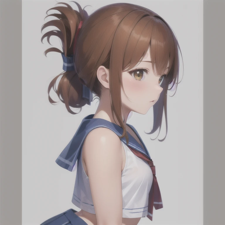 (Masterpiece,  best quality :1.2), illustration,8k, High Resolution , from the side 1 girl ,Alone, upper body,( portrait:1.2), brown_hair,folded_ ponytail, brown_eye,Sera Clothing,length_hair,School_uniform, skirt ,Pleats_ skirt ,Sailor_ bikini, Striped ribbon,