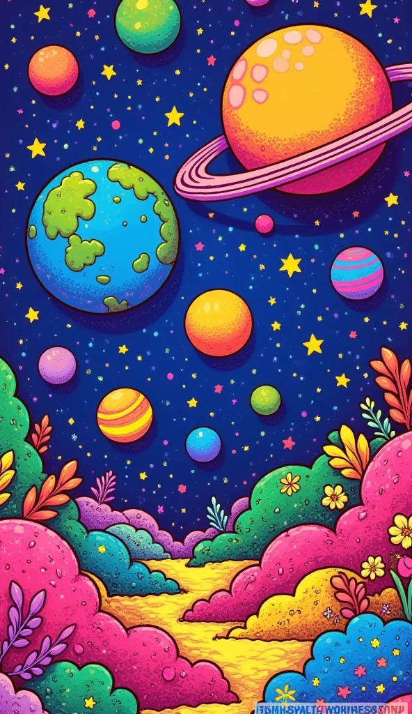 A mesmerizing pop art graphic design featuring a pixel art garden suspended in mid-air amidst the vastness of space, teeming with extraterrestrial flora and fauna that radiate vibrant, neon hues of pink, blue, green, and yellow, set against a starry cosmic backdrop filled with glowing planets of varying sizes and twinkling stars that add depth and dimensionality to the scene, with bold, graphic lines and shapes reminiscent of classic comic book art, and a bold, contrasting color scheme that juxtaposes the bright, pulsing colors of the garden with the darker, mysterious tones of the space environment.