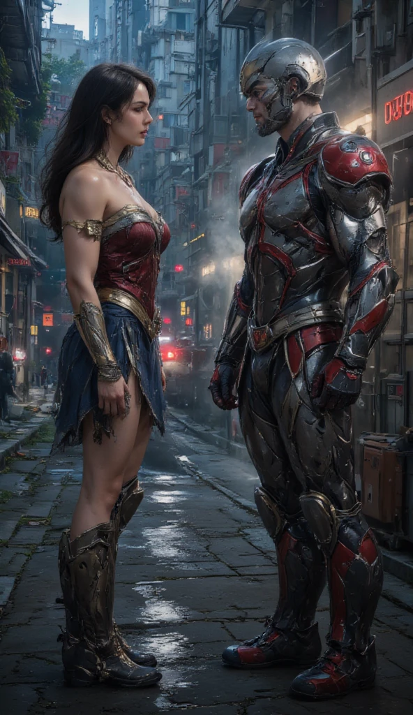 (Masterpiece, Top Quality),1girl ,{{Depth of field}}, Hyper detail, 1woman, (Victoria's Secret Model Wonder Woman), Single, Full Body, (Intricate Details, Makeup), (Delicate and beautiful delicate face, delicate and beautiful delicate eyes, face with perfect proportions), High-detail skin, delicate skin, Best proportions Four fingers and one thumb, strong and realistic blue eyes, realistic black hair, lips, makeup, natural skin texture, tiara, leotard, bulletproof cuffs, red boots, (public clothing:1.3), slightly sunburned, mature, sexy, elastic muscles, (muscles:1.3), ((strong and healthy body)), ((((((more) muscles))), wet body, wet hair, long legs, curves, thick thighs, wide buttocks, thin legs, (big breasts: 1.2), thin waist, soft waist, (delicate skin), (glossy skin), (beautiful and sexy woman), (swollen lips: 0.9), (eyelashes: 1.2), very delicate muscles definition, crossing arms behind the back posture, A dystopian ghetto controlled by local gangs armed with hacked police weapons such as LED panel lights, EMP blasters and taser shotguns arranged in a square shape to mimic existing interior fixtures, ((top quality)), ((masterpiece)), ((realistic)), (detailed), physically-based rendering, cinematic lighting,