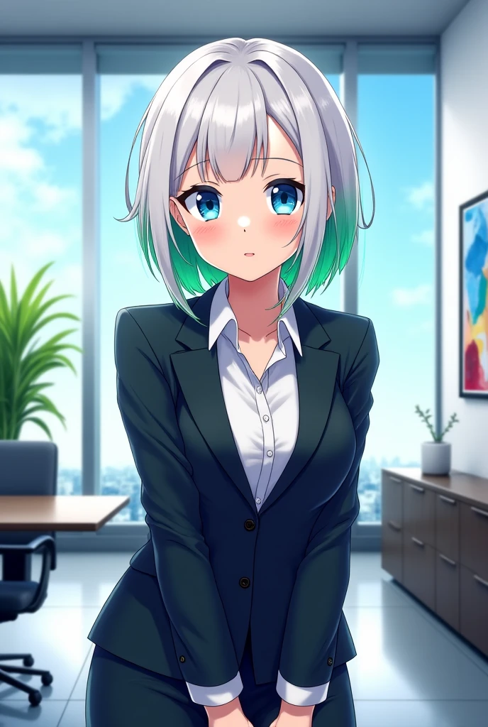 Highest quality, High resolution, Detailed Background, Beautiful face in every detail, Anatomically correct, Detailed facial expressions, fine grain、((From below)), BREAK ((One Girl, Chibi Girl)), (lawyer), silver Hair, beautiful clear big green eyes, (light makeup, full rips:1.2, pink rips:1.2), Braided Bob, BREAK (glossy Satin suit, sleeveless glossy satin shirt, glossy red tie, high heel, ((The background is the court)), Very big smile, ((Stand on the desk)), ((model's pose:1.3))
