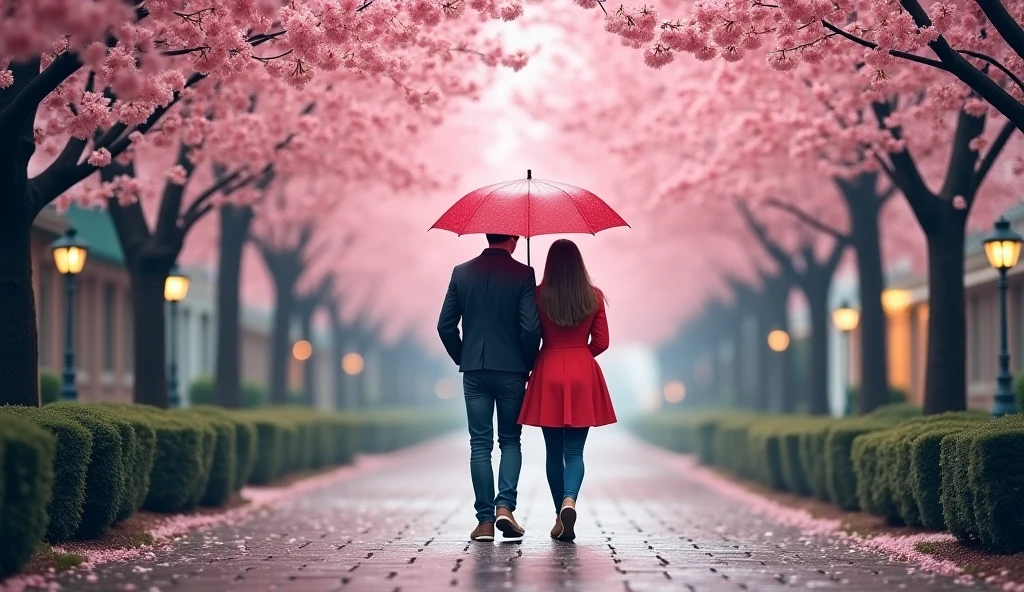 A pair of young lovers sharing an umbrella as they walk through a cobblestone street lined with cherry blossoms during a light spring rain; shot with a romantic soft focus, pastel lighting, and a tender, dreamy atmosphere.