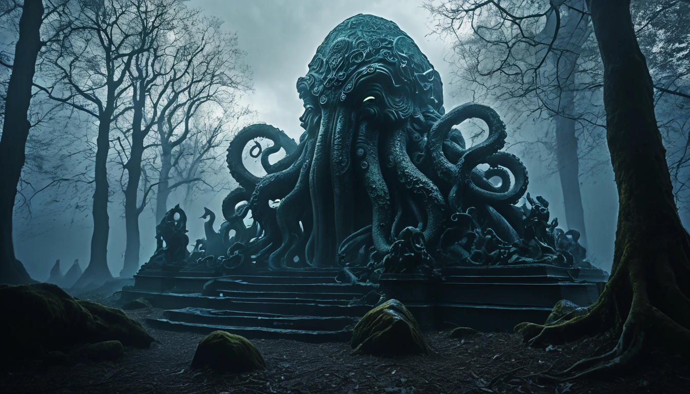 in forotten deep part of ancient forest stand forgotten and cursed statue of ancient Cthulhu, around statue laying bones of humans and animals that came to clos to statue, statue is mad from unknown material,  an evil magical aura, everything around the monument is dead, the further away from it everything is alive, dark and moody atmosphere, intricate details, highly detailed, cinematic lighting, dramatic shadows, glowing magical energy,mysterious and atmospheric, eerie and unsettling, moody and atmospheric, dark and mysterious, intricate details, photorealistic, 8k, best quality, masterpiece, panoramic view, fantasy elememtal, (SFW)