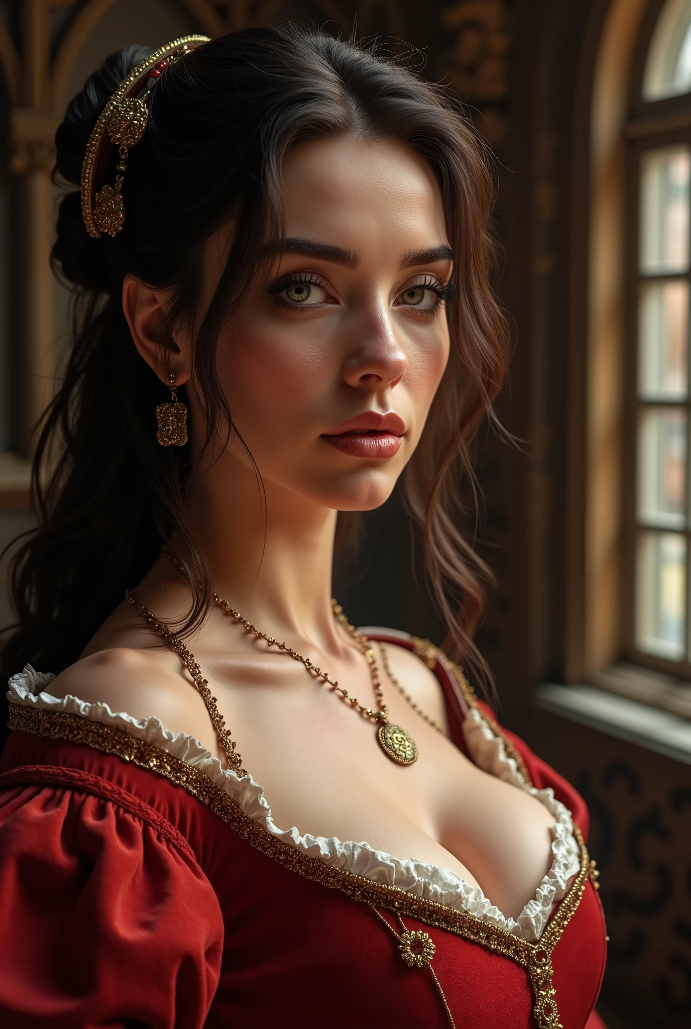 Upper body of a medieval woman, beautiful detailed eyes, beautiful detailed lips, extremely detailed eyes and face, long eyelashes, voluptuous curvy hot body female, medieval clothing, medieval fantasy, (best quality, 4k, 8k, highres, masterpiece:1.2), ultra-detailed, (realistic, photorealistic, photo-realistic:1.37), HDR, UHD, studio lighting, ultra-fine painting, sharp focus, physically-based rendering, extreme detail description, professional, vivid colors, castle room background