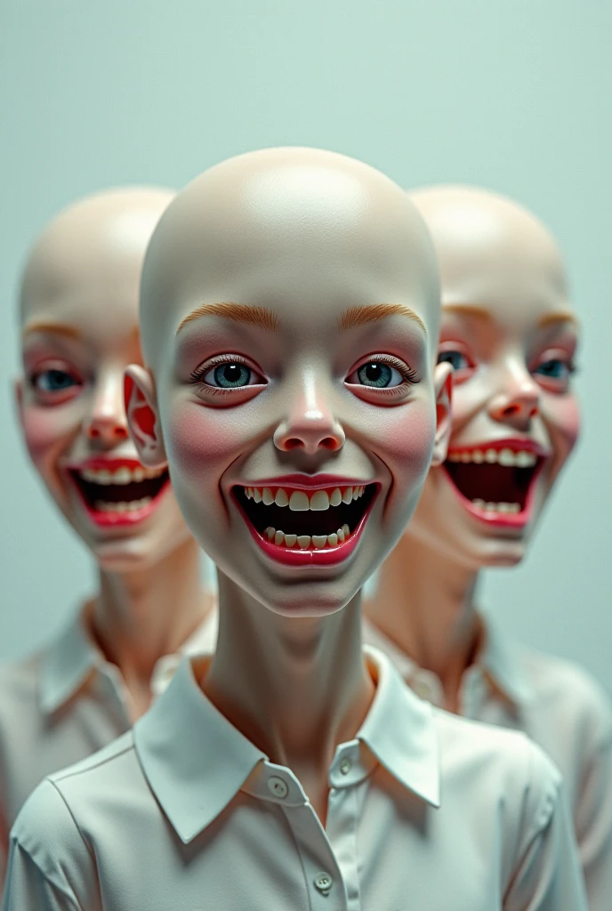 Generate several human beings smiling disturbingly.