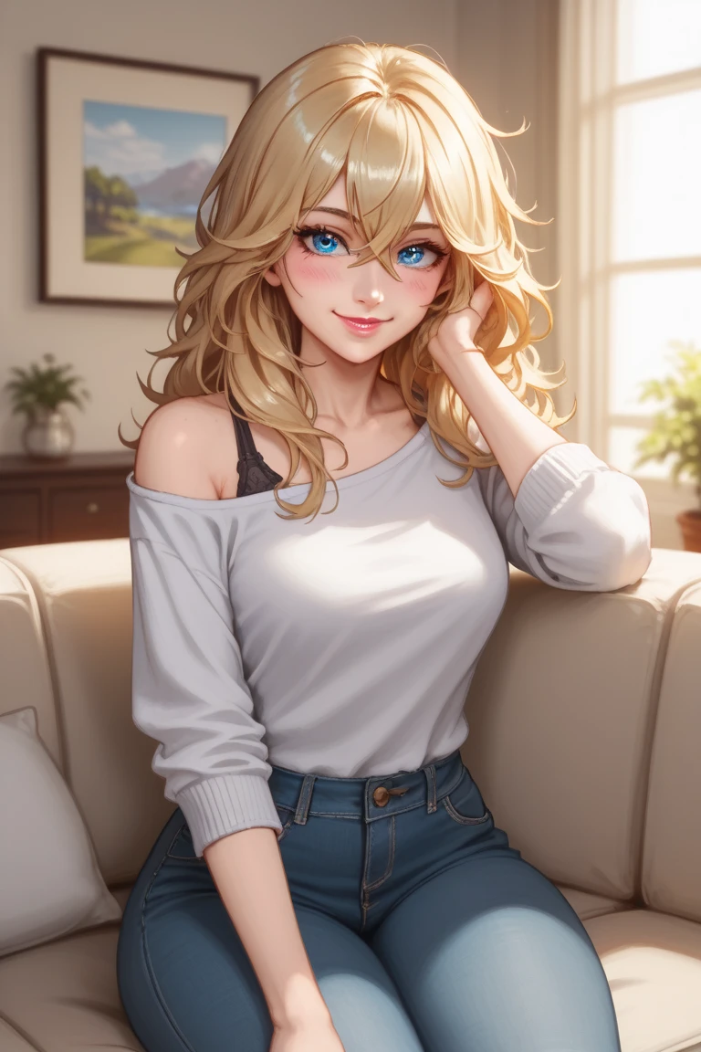 1 normal girl, 4k, HDR,  long hair, ultra cute face, beautiful lights and shadows, ultra detailed, 1girl, Solo, Breasts, Detailed Blue Eyes, Medium Length Blonde Hair, Long Layers,Bangs, Hair Between Eyes, Messy Hair, Hair Over Shoulders, Accurate, Blush, Smile, Pink Lips, Casual outfit, Tshirt and jeans, Sitting on couch, Casual 80s living room background,  League of Legends, DC Comics, Accurate, Anatomically Correct, Detail, High Quality, Detailed Face, High Resolution