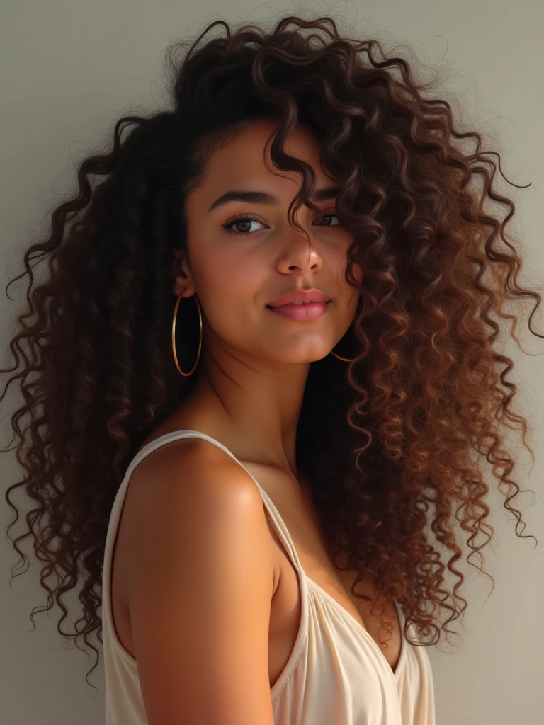 Masterpiece, 14-year-old Brazilian girl with chocolate-colored brunette hair cascading down her back, brown eyes full of curiosity and life, long curly locks framing her thin face, adorned with thin eyebrows and a subtle nose, thin chin completing her refined features. Her medium breasts were contained in a simple, yet stylish white top, while her thick legs carried her gracefully as she explored the vibrant city. Captured in 8k, this intricate piece showcases the magical realism of Pixar and Disney, with lifelike textures and details, stunning lighting, and an enchanting color palette.