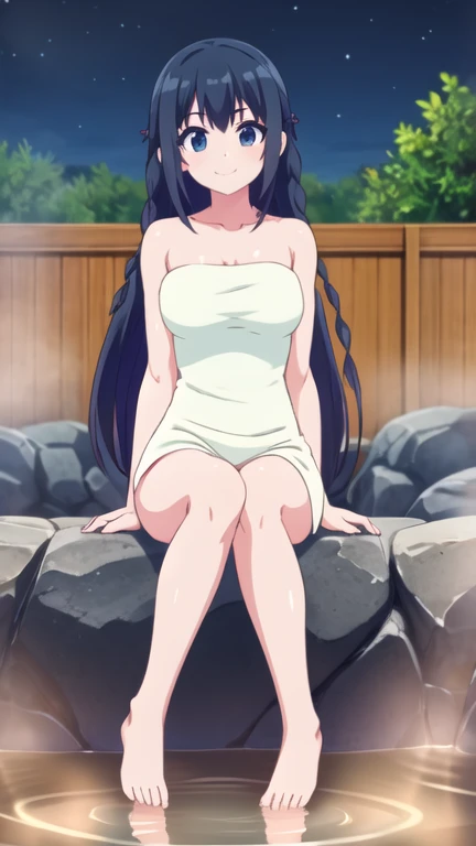  1girl, solo, sonrisa, black hair, long hair, braids, onsen, night, bathing, naked towel, crossing legs, sitting, feet