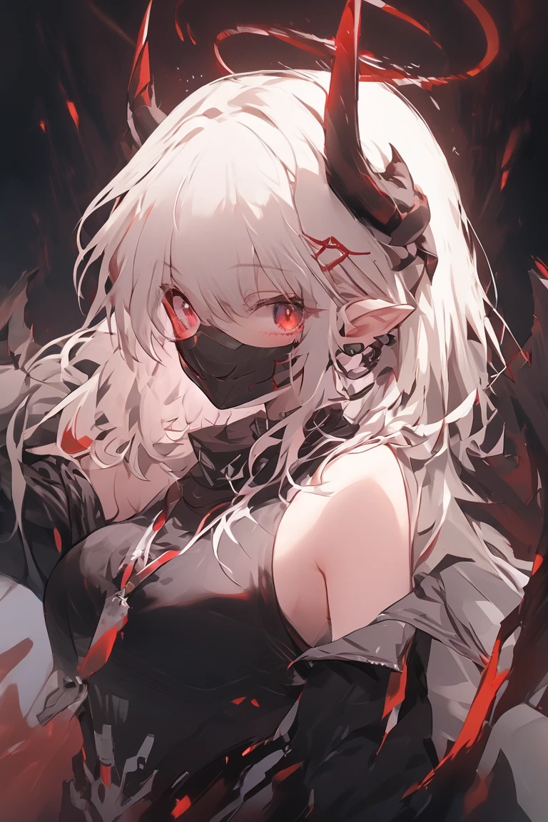 solo, 1girl, red eyes, (short white hair), weapon, sword, horns, gloves bare shoulders, helmet, mask, black gloves, armor, lookingn at viewer,breasts, long sleeves, glowing, dress, mudrock (arknights)