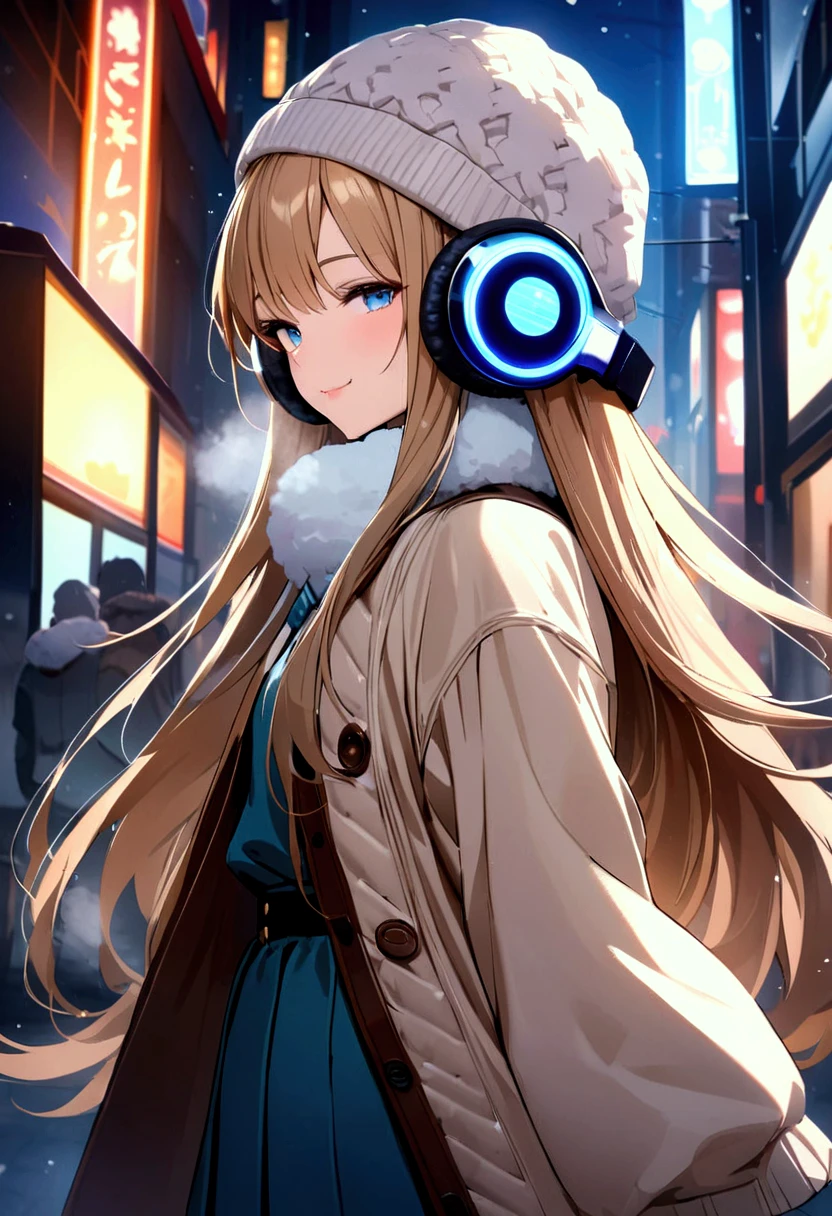 (masterpiece),(absurdres),(ultra detailed)、((solo lady),(23-year-old),(dark blonde hair:1.2),(straight long hair:1.1),(()),shiny blue eyes,(()),(flat chest),(white breathing:1.3),(hand on muffler),half-closed eyes,smile,side view, sweater :0.9、 jacket with fur:1.0、 Long Skirt、 muffler 、 knitted hat、(Fluffy style headphones) (Fluffy headphones:1.2)、Snowstorm:1.2,Illumination lighting city:1.2,looking viewer,Miho