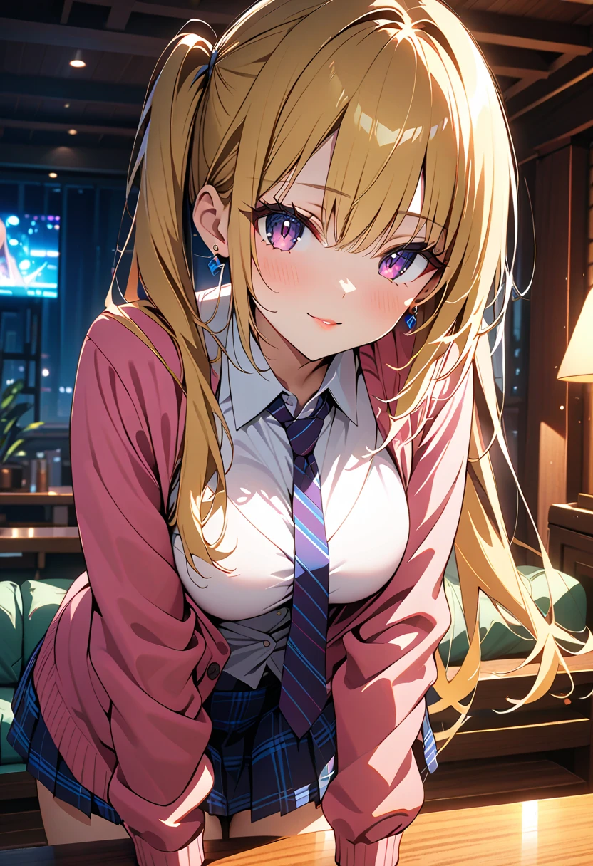 1 girl, (cute high school girl), solo, school uniform, micro skirt, long hair, twintail hair, blonde hair with white ends, dark eyes, large breasts, necktie, Pierced earrings, glossy lips, cardigan, blush, looking at viewer, seductive smile, indoors, living, table, sofa, 
(cowboy shot, face focus), deep depth of field, stunning, fascinating, enchanting, cinematic lighting, cinematic composition, anime style, vibrant colors, thin lines, dreamlike, 
absurdres, highres, masterpiece, best quality, newest, very aesthetic, ultra quality, high detailed, anatomically correct, perfect hands,