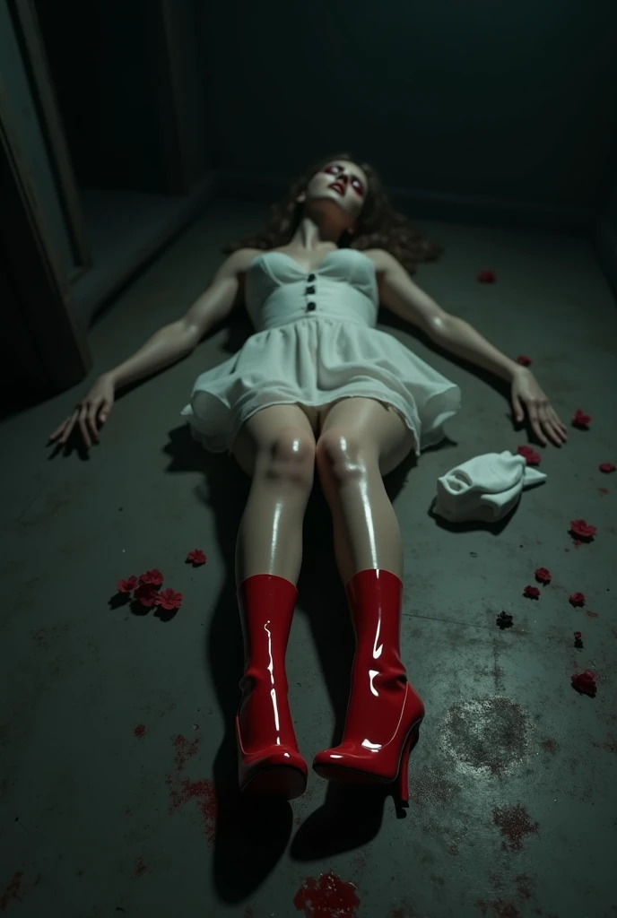 (finely detailed beautiful eyes and detailed zombie face,masterpiece sidelighting,masterpiece,best quality,detailed,high resolution illustration),, (depraved topless zombie girl,whole body,sundress,lustrous skin,looking down,looking at viewer),, (blood hair,blue eyes,ribbon, sheer clothes), (clothed_underbust:1.2),underboob