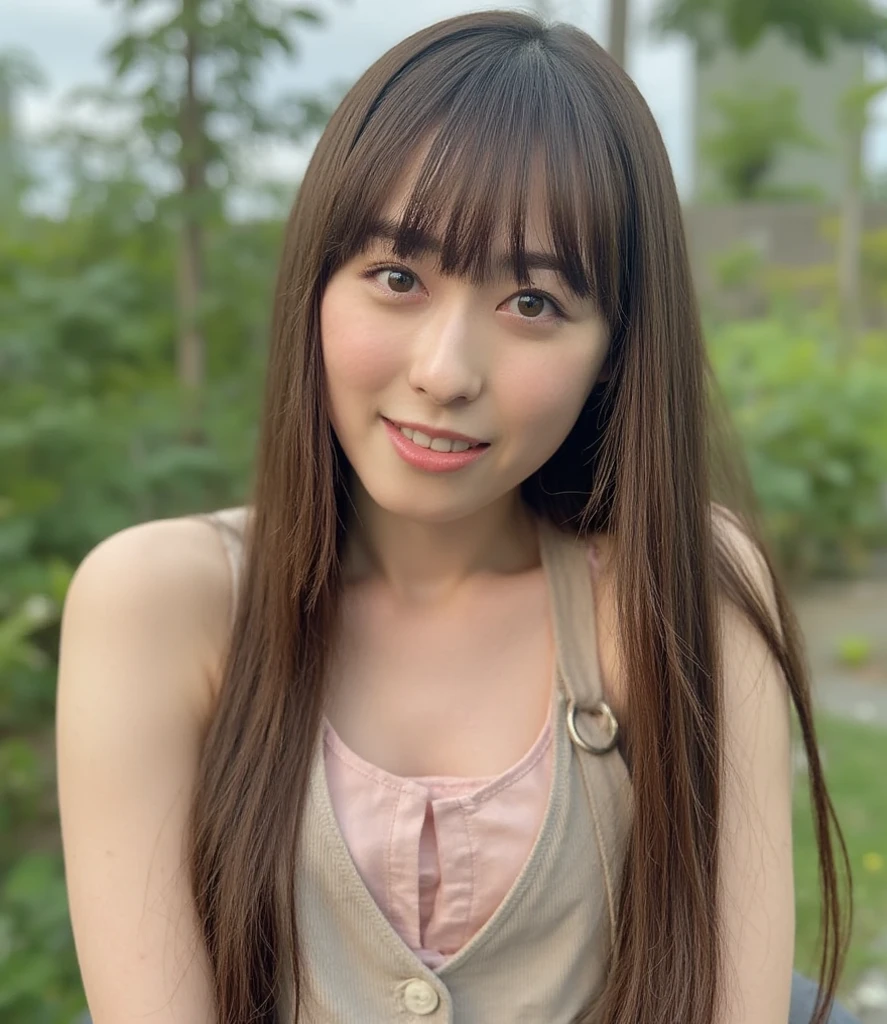 fukuhara, young woman. She has long, straight brown hair with bangs that fall over her shoulders.The woman is looking directly at the camera with a slight smile on her lips. The background is blurred, but it appears to be an outdoor setting with trees and greenery. The lighting is soft and natural, highlighting the woman's features. In front of her,((She is completely nude.)),vagina,((nsfw)), ((public indecency)), ((public indecency,undress,coat)),(((She is showing her nipples.,))) She is spreading her pussy. ((full body)), ((She is not wearing a bra and her nipples are fully exposed.))