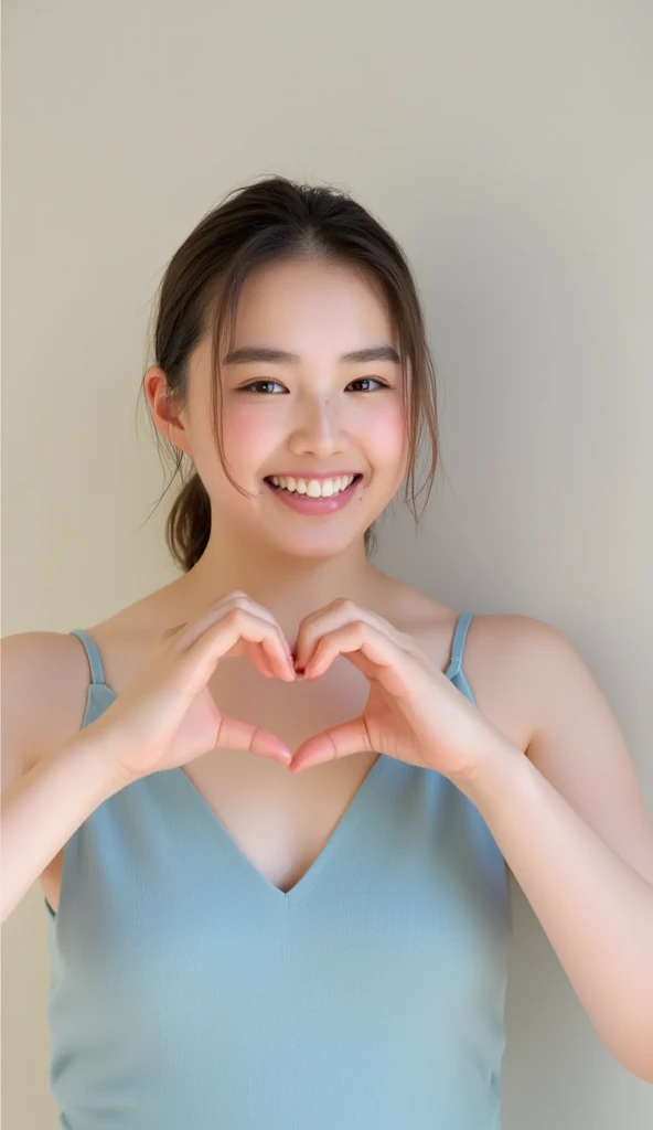      Wear an attractive camisole and shape your hands in front of your chest in the shape of a heart   ,     Cute Smile Up、  The background is plain、  HD、細部にわたって HD  