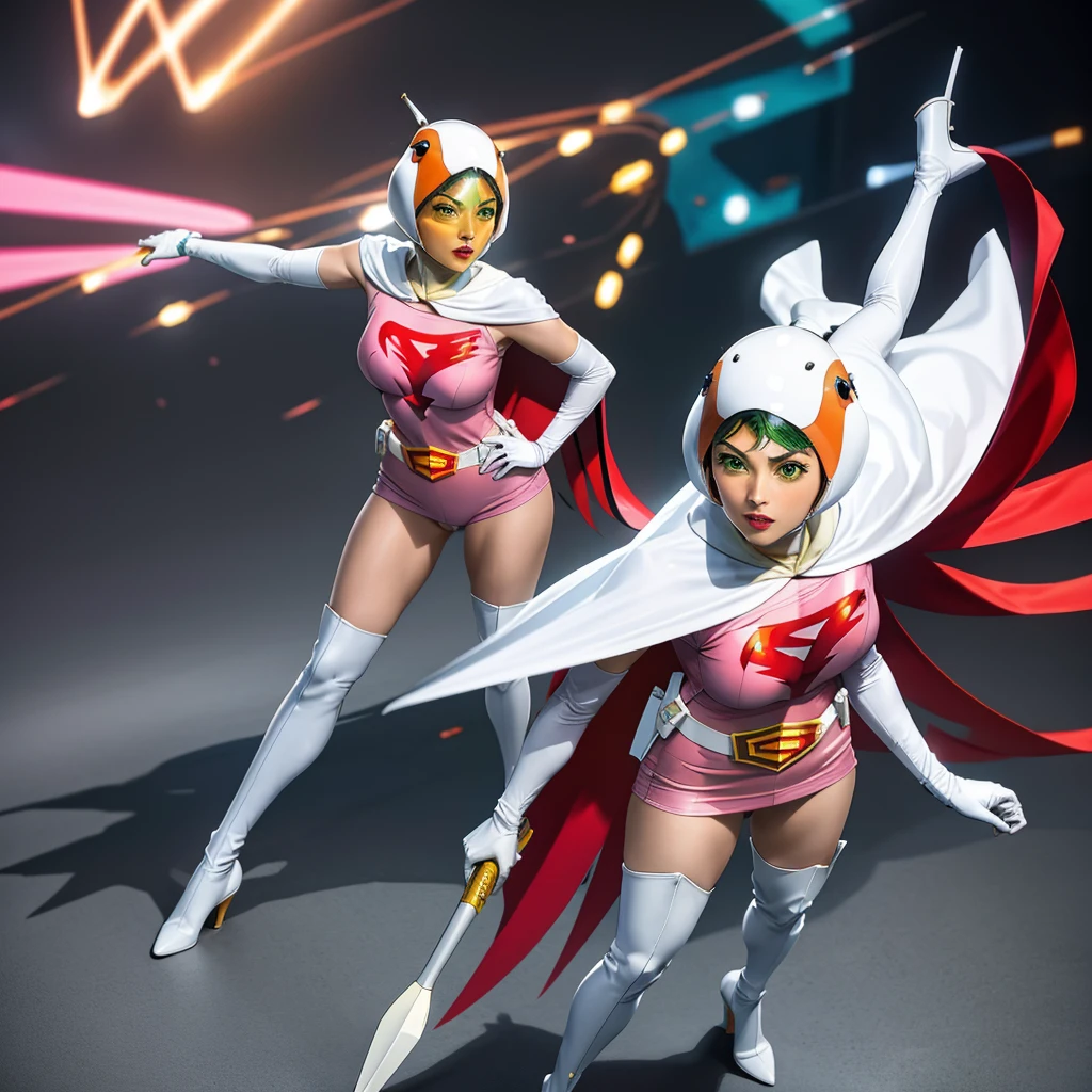 Panda roux en astronaute avec une guerrière elfe, ultra realiste, vêtements futuriste, 2050, sabre laser a la main, fond étoilé avec des vaisseaux detruit