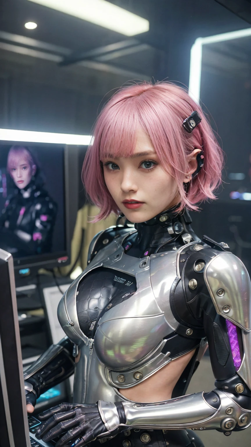 Alone, Masterpiece,   anatomically correct,  best quality ,   Ultra Fine,   Textured Skin, 4K、woman、 pastel pink bob hair 、 cyberpunk、 big breasts in okunai、 looking at camera、Slanted Eyes 、 severe face 、((( futuristic cybersuit ))),  magical atmosphere  、(( gothic makeup )), (( hacking room with lots of computers)), Artistic , night、