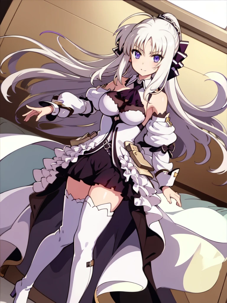  score_9, score_8_up, score_7_up, source_anime, rating_safe BREAK 1 girl, solo, ((indoor)), best quality, high quality, ultra detailed, detailed fingers, ((white hair)), rinne_bj, ((white thigh-length boots)), absolute territory, bare shoulders, ((thigh-high boots)), black gloves, black ascot, fingerless gloves, puff sleeves, skirt, black sleeves, separated sleeves and shoulders,
 female standing, long hair, looking at viewer, purple eyes, ahoge, v-shaped eyebrows, large breasts, hair ribbon, ponytail, bangs, full body, 
