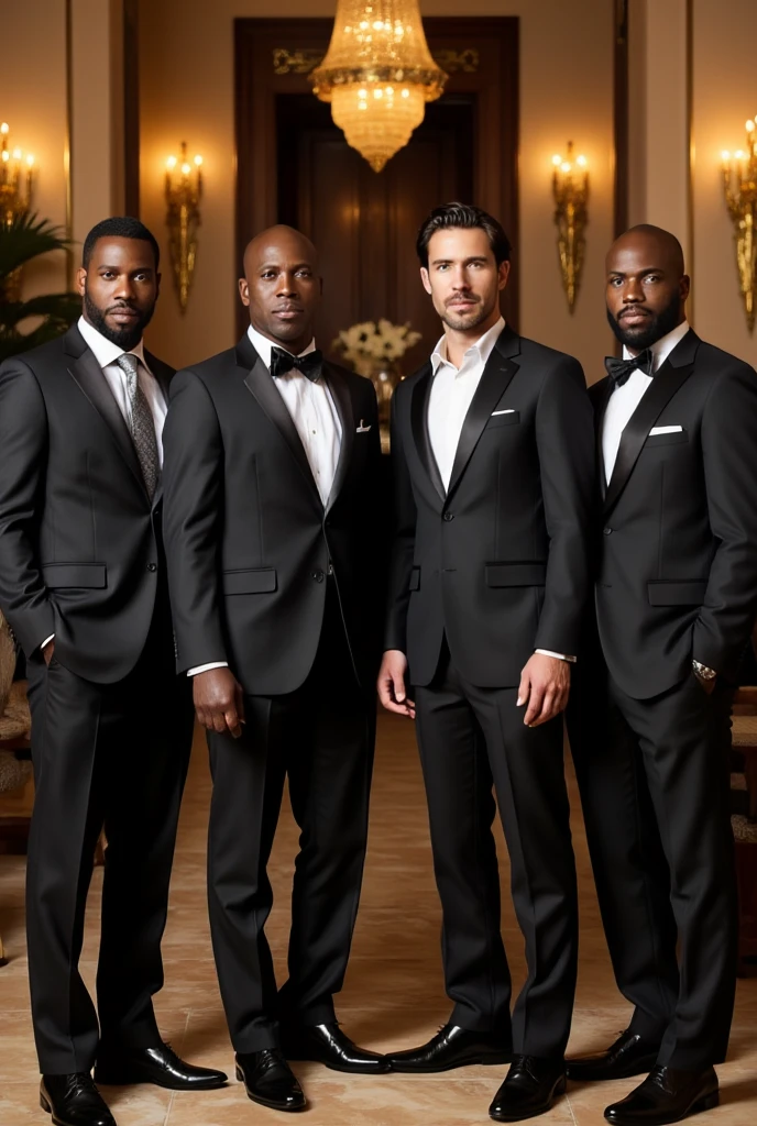 2 dark black men 1 dark man and 1 white man In Dubai suits with rich background