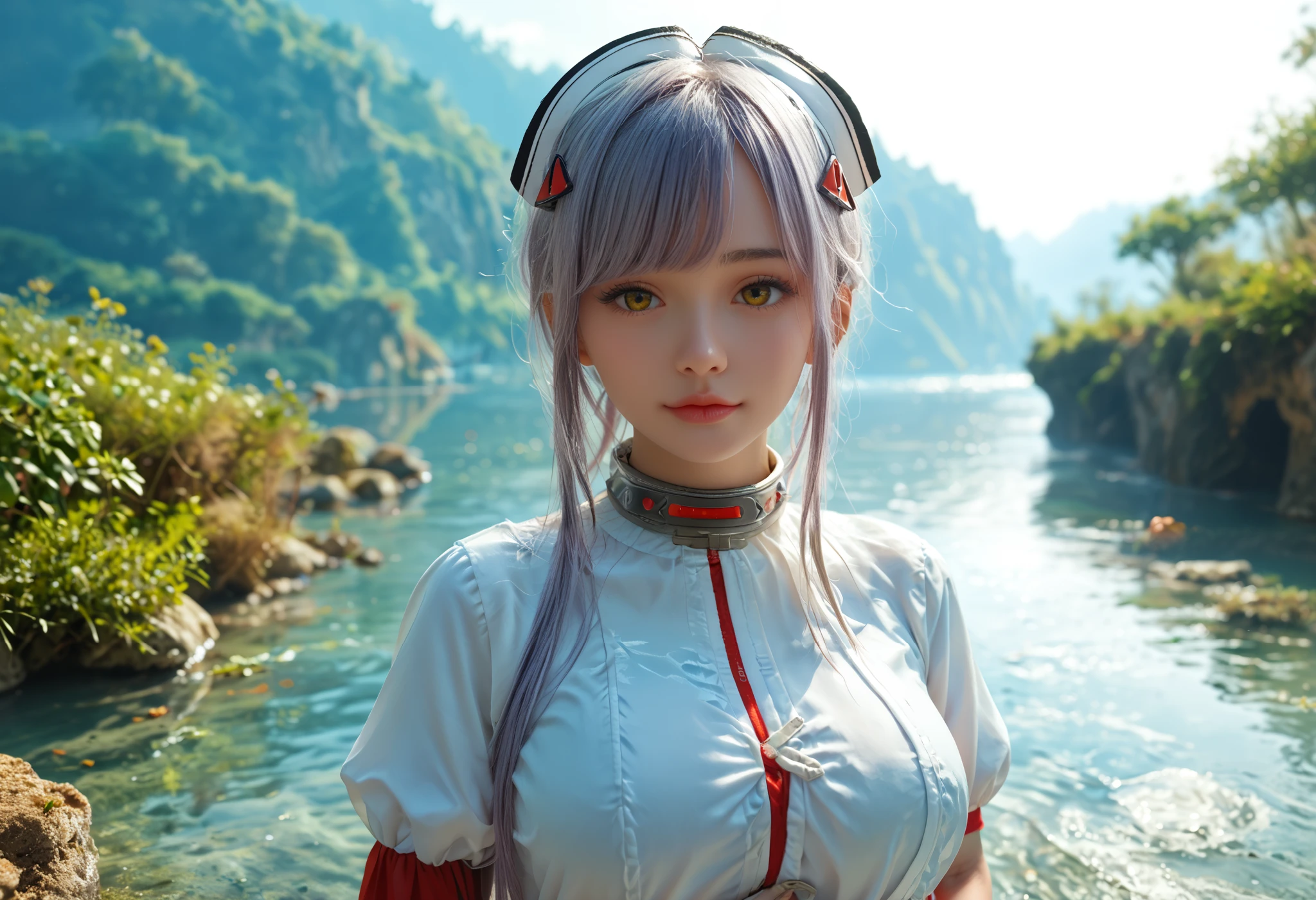 1girl, solo,large breasts, long eyelashes,thick_lips, (beautiful face, detailed face, ,face perfect), (yellow eyes, asymmetrical clothes, Black_lilith,large breasts, bangs, (( long right sleeve short left sleeve)), collar, wrist_cuffs, lips), ,landscape,glowing,outdoors,ripples,scenery,water,light rays,,dark theme,,happy, looking at viewer, standing,(zPDXL2:1.5)