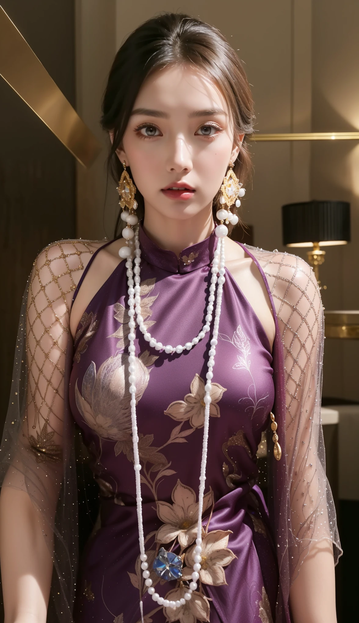 (Best Quality, Masterpiece, Photo realistic, Ultra Detailed, ultra high res, raw:1.perfect body, 1girl, parted lips, red lips, glitter eyeliner:1.4, upper body closeup, bedroom, japanese, 20years old, navel, shiny purple dress, laces, white skin, cute, messy hair, purple choker, ruby necklace, shoulder length luxury earings, looking at the viewer, gold eyes,red hair