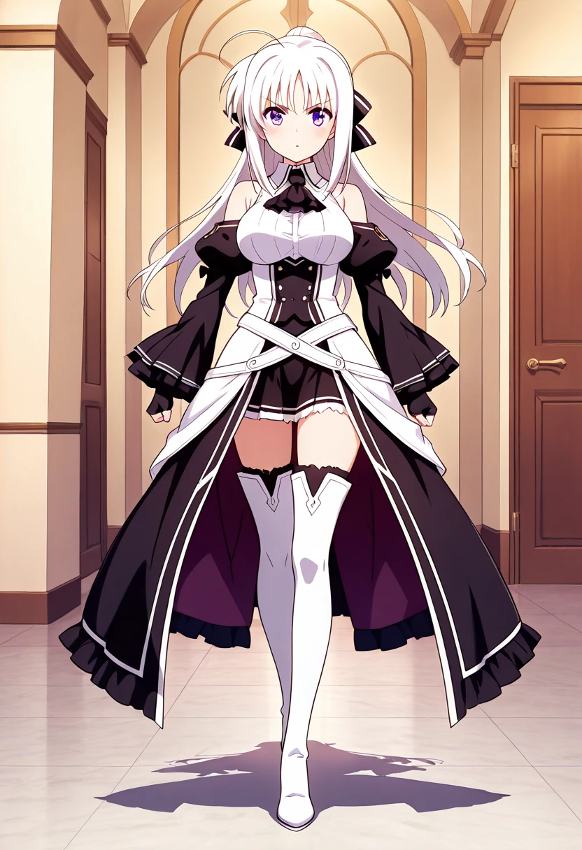  score_9, score_8_up, score_7_up, source_anime, rating_safe BREAK 1 girl, solo, ((indoor)), best quality, high quality, ultra detailed, detailed fingers, ((white hair)), rinne_bj, ((white thigh-length boots)), absolute territory, bare shoulders, ((thigh-high boots)), black gloves, black ascot, fingerless gloves, puff sleeves, skirt, black sleeves, separated sleeves and shoulders,
 female standing, long hair, looking at viewer, purple eyes, ahoge, v-shaped eyebrows, large breasts, hair ribbon, ponytail, bangs, full body, 
