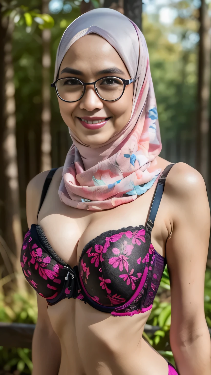 SPECTACLES, BOKEH, ((PANTY FLORAL PATTERN)), Wearing satin Tuxedo outfits, 68 year old, Rainbow, ((HIJAB)), "Oki Setiana Dewi", ("Light Green Hijab Floral pattern Naked"), Chubby Wearing "Lace Floral Pattern Bra" & Short Hairy Pussy, "Facial expression in happy smile", "Orange", " Green Lips", "Bokeh", "Very happy facial reaction", ((HEAVY HUGE BREASTS TITS)) lingerie, ((SHINY NIPPLES)), ((HUGE NIPPLES)), background Forest Indonesia, bokeh, down view , fat body