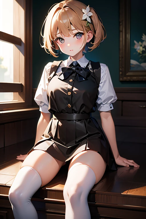 blonde hair, (((sleeveless blouse))), (((black short skirt with belt))), ((((thigh-high black stocking)))), blue eyes, navel, ((cute innocent face, open mouth, allure)), [[playful]]], [[[bedroom]]], front-view, [[Leaning forwards]], head down, butt up, arched back, (((((gravure position))))), (sexy), arousing, realistic, ((perfect symmetrical body)), (((slim hip, slim thighs))), soft light, dawn light)), bloom, 1girl, super model body, very slim body, thin, super model body, ultra-detailed CG, 8k, high detailed, realistic, solo, intricate details),